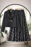 Çift Düğmeli Ekose Etek Ceket Takım Siyah UMS50336