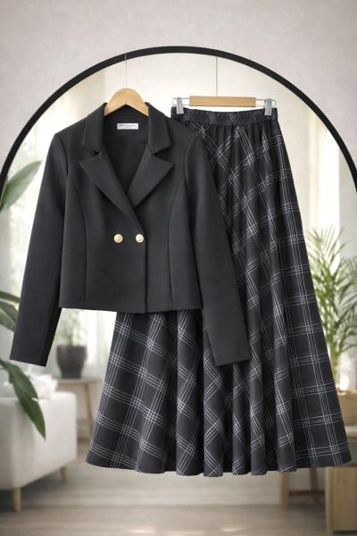Çift Düğmeli Ekose Etek Ceket Takım Siyah UMS50336
