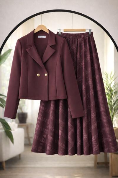 Çift Düğmeli Ekose Etek Ceket Takım Bordo UMS50336