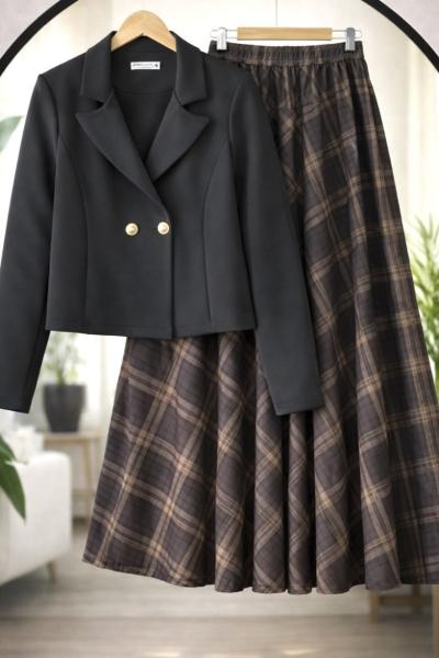 Çift Düğmeli  Ceket Ekose etekli TakımSiyah UMS50337