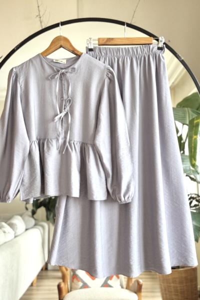 Çilek Kumaş Etekli Biyeli Takım Gri NV4522