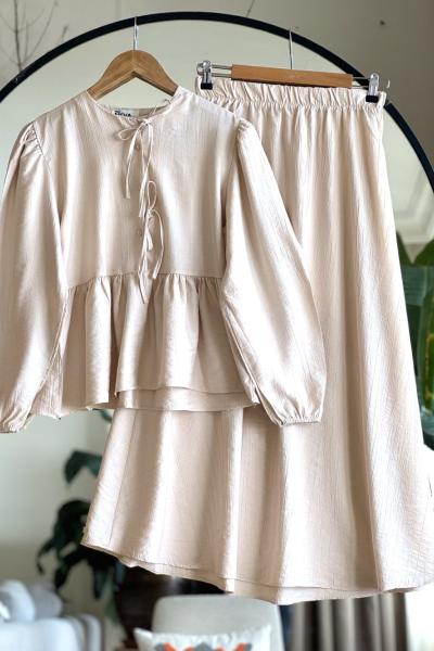 Çilek Kumaş Etekli Biyeli Takım Bej NV4522