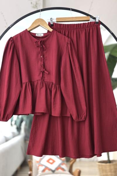 Çilek Kumaş Etekli Biyeli Takım Bordo NV4522