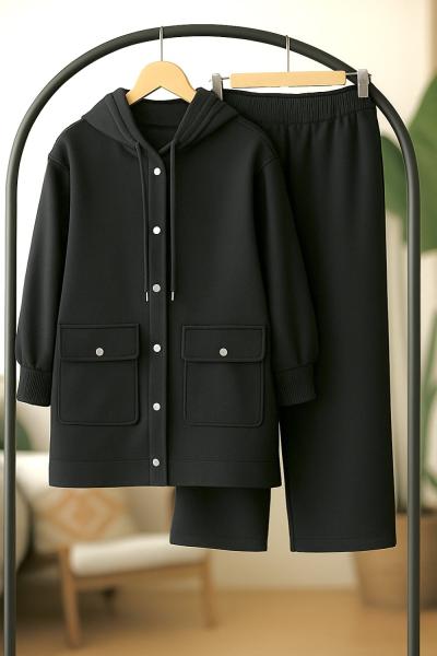 Çır çıt Düğmeli Kapşonlu İkili Takım Siyah TCN40131