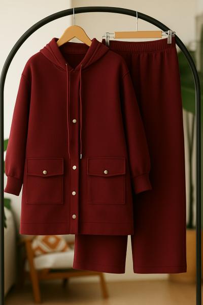 Çır çıt Düğmeli Kapşonlu İkili Takım Bordo TCN40131