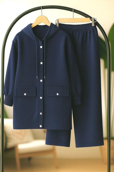 Çır çıt Düğmeli Kapşonlu İkili Takım Lacivert TCN40131