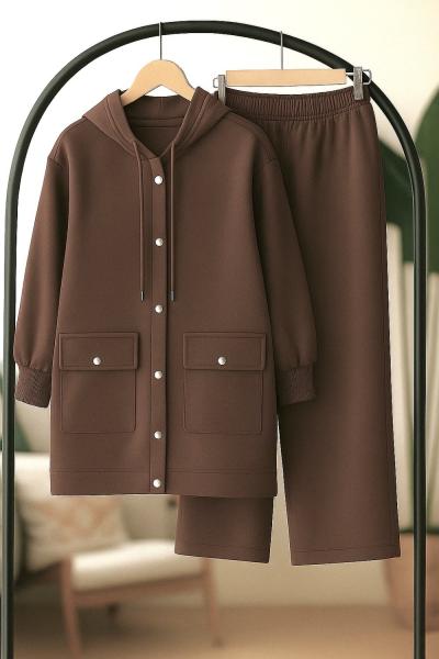 Çır çıt Düğmeli Kapşonlu İkili Takım Kahve TCN40131