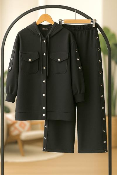 Çıt Çıt Düğmeli Kuşgözü şerit İki Takım Siyah TCN40130