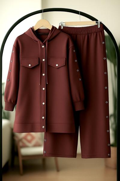 Çıt Çıt Düğmeli Kuşgözü şerit İki Takım  BordoTCN40130