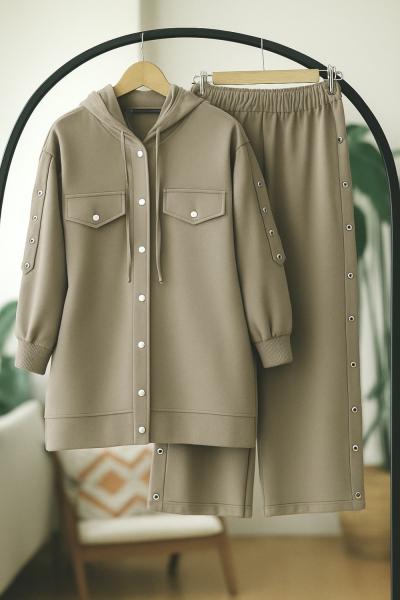 Çıt Çıt Düğmeli Kuşgözü şerit İki Takım  Vizon TCN40130