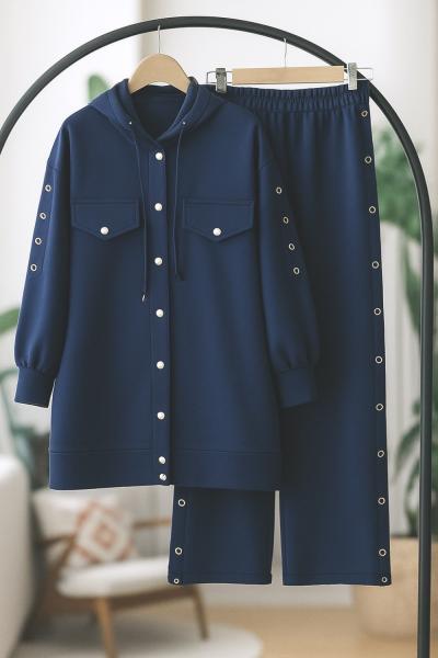 Çıt Çıt Düğmeli Kuşgözü şerit İki Takım   lacivert TCN40130