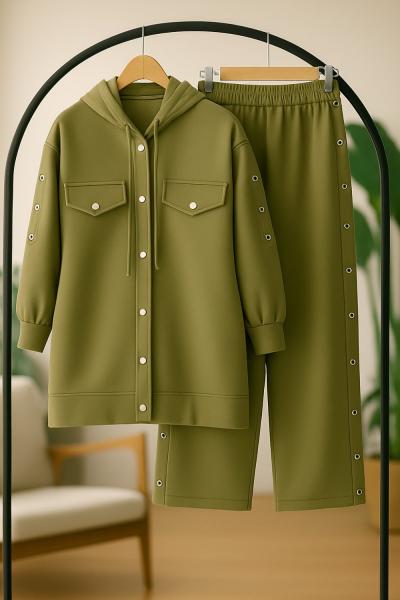 Çıt Çıt Düğmeli Kuşgözü şerit İki Takım Yeşil  TCN40130