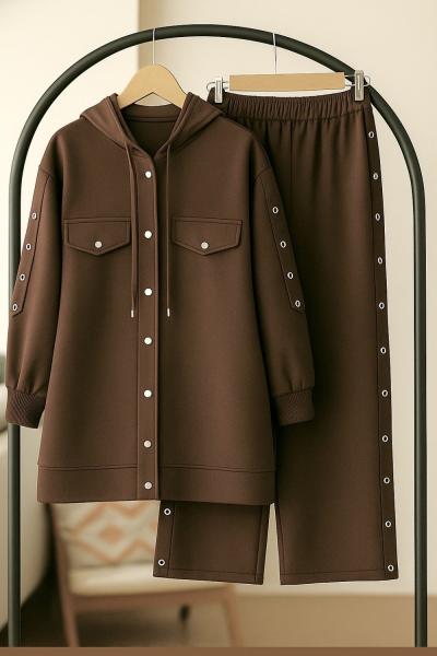 Çıt Çıt Düğmeli Kuşgözü şerit İki Takım Kahve TCN40130