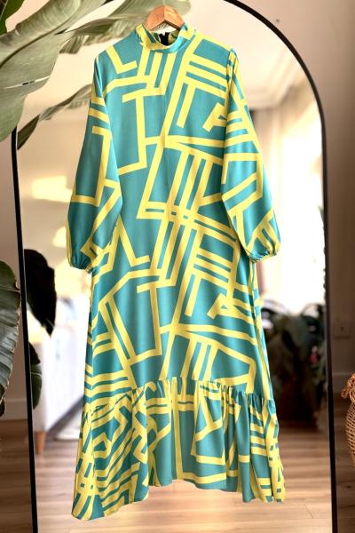 çizgi Desen Kuşaklı Viskon Elbise Yağyeşil SLT30317