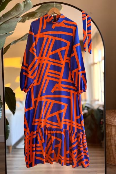 çizgi Desen Kuşaklı Viskon Elbise Turuncu SLT30317