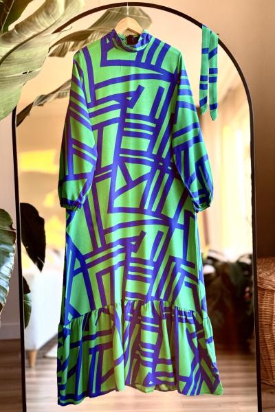 çizgi Desen Kuşaklı Viskon Elbise Yeşil   SLT30317