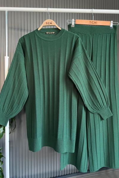 Çizgili  Balonkol Triko Takım yeşil TCN4080