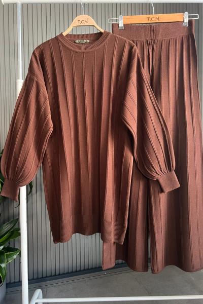 Çizgili  Balonkol Triko Takım Kahve   TCN4080