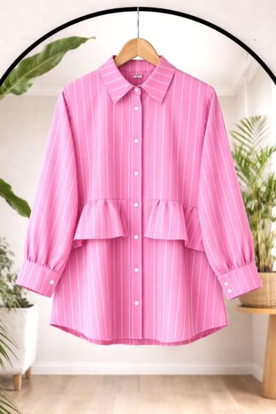 Çizgili ön fırfırlı tunik  pembe BK9558