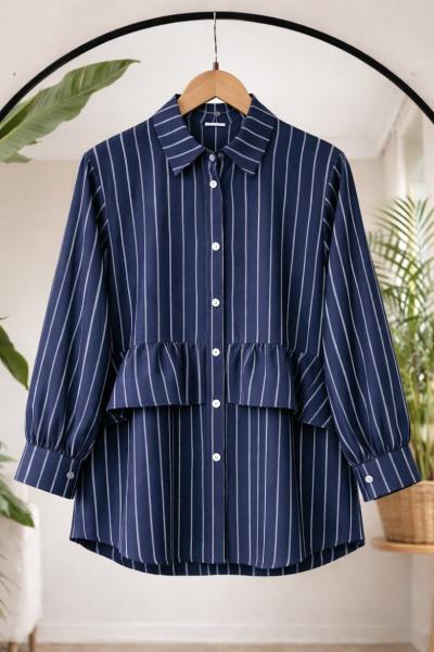 Çizgili ön fırfırlı tunik  Lacivert BK9558