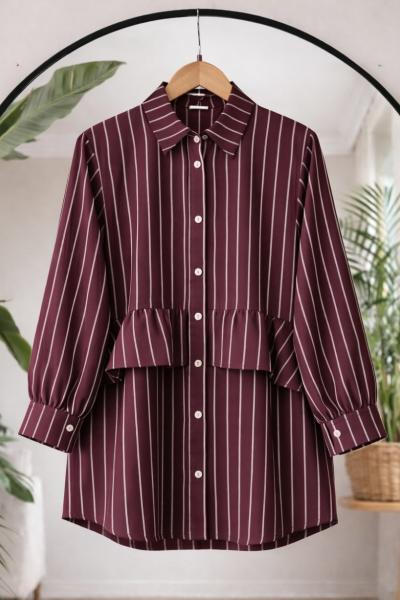 Çizgili ön fırfırlı tunik   Mürdüm BK9558