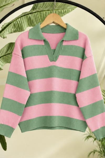 Çizgili  yakalı  kazak Pembe SL7521