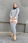 Çizgili  Triko Etekli Takım Griy TCN799