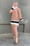 Çizgili  Triko Etekli Takım Pudra TCN799