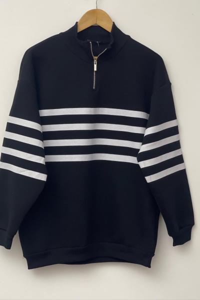 Çizgili  fermuarlı  Sweatshırt Siyah SLT30188