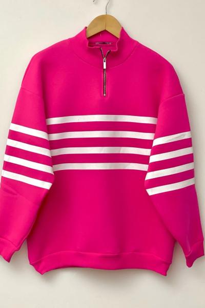 Çizgili  fermuarlı  Sweatshırt Fuşya SLT30188