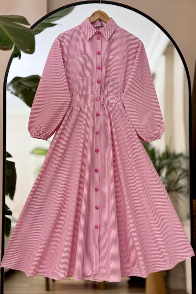 Çizgili bel lastik  Düğmeli Kiloş Elbise Pembe KRN30112