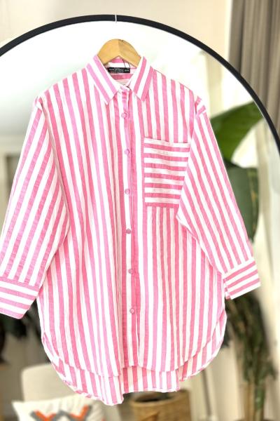 Çizgili cepli gömlek Tunik Pembe NEW6041