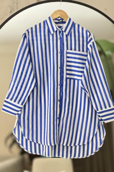 Çizgili cepli gömlek Tunik Mavi NEW6041