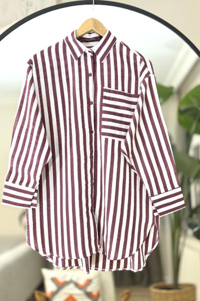 Çizgili cepli gömlek Tunik  Bordo  NEW6041