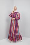 Çizgili Etnik Desen Viskon Elbise Bordo UMS907