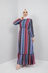 Çizgili Etnik Desen Viskon Elbise Mavi  UMS907