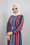 Çizgili Etnik Desen Viskon Elbise Mavi  UMS907