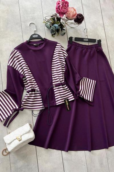 Çizgili Etek Blüz Takım Mor  UMS50114