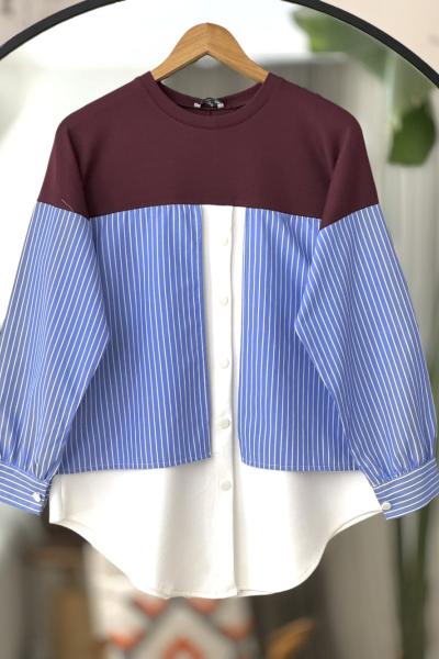 Çizgili gömlek Detaylı Tunik Bordo BK9515