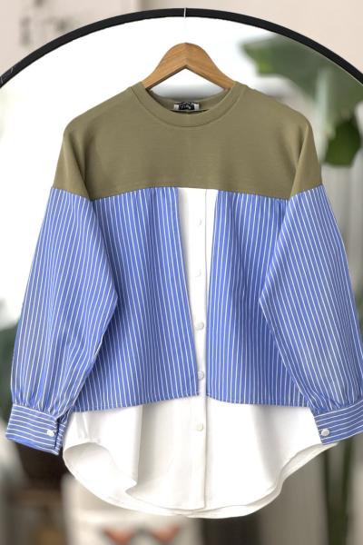 Çizgili gömlek Detaylı Tunik Yeşil  BK9515