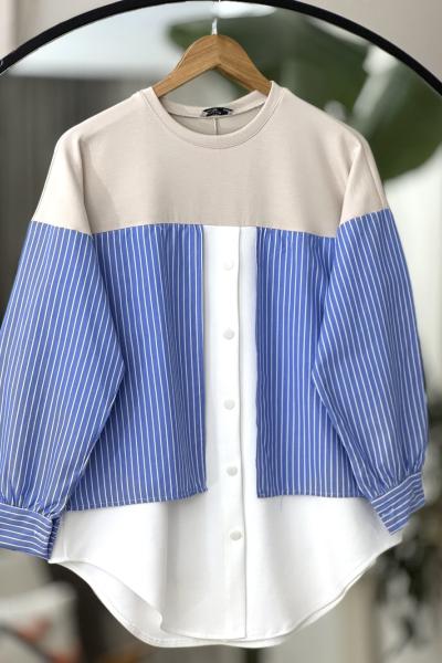 Çizgili gömlek Detaylı Tunik Bej BK9515