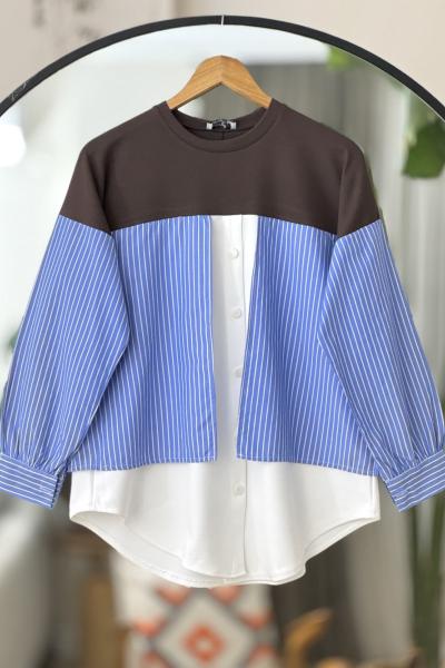 Çizgili gömlek Detaylı Tunik Kahve BK9515