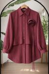 Çizgili gül kuşak Detaylı Tunik Bordo BK9067