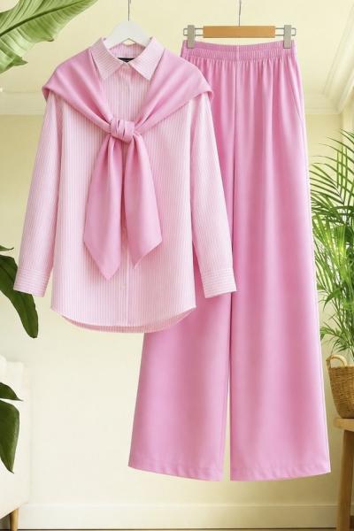Çizgili gömlekli üçlü Takım pembe TK2089