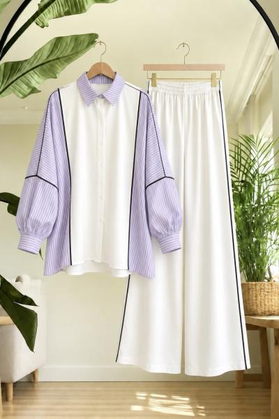 Çizgili garnili  pantolon takım Lila EF9599