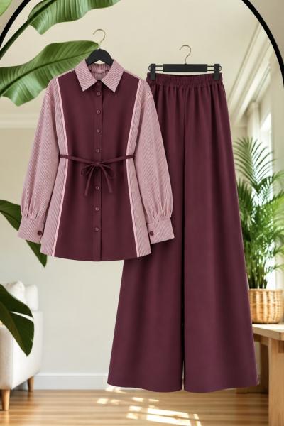 Çizgili Gömlek Detaylı  Pantolon Takım Bordo  UMS50383