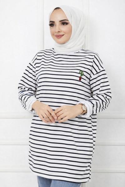 Çizgili Kaktus Desen Tunik Siyah SLT1239