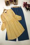 Çizgili Keten Tunik Bol Paça Kot Sarı PKL659