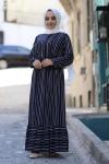 Çizgili Kadife Elbise Siyah HBS796