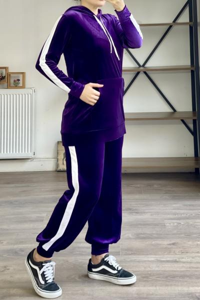 Çizgili Kadife Takım mor HBS798